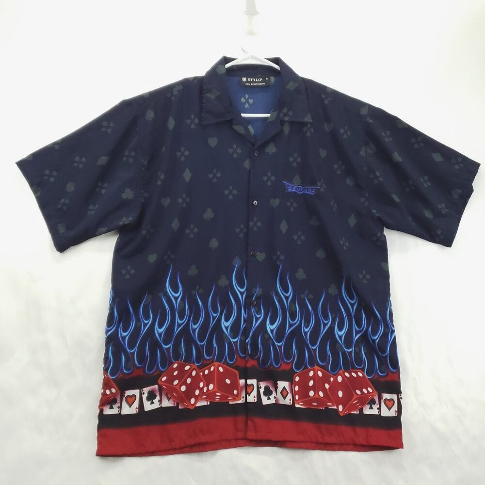 Stylo DNM Engineering Shirt Mens XL Blue Red Las Vegas Casino Shirt Camp Collar